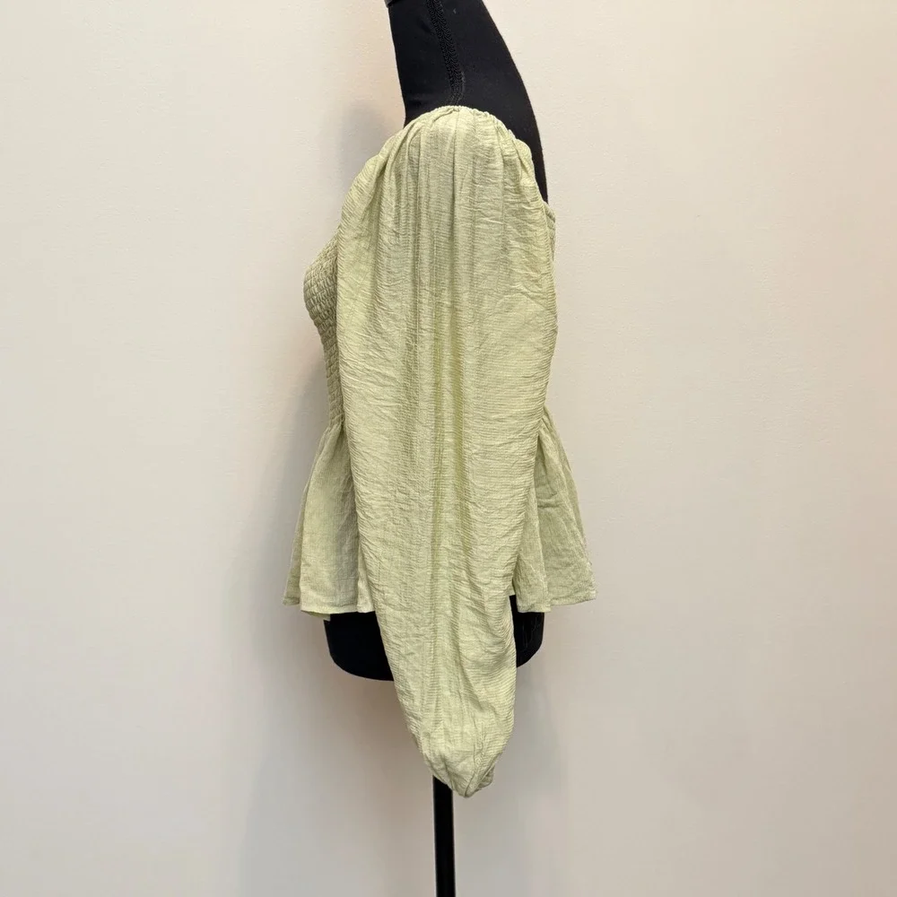 Newbury Kustom Green Smocked Peplum Top Lantern Sleeve‎ Boho Babydoll Womens Lg